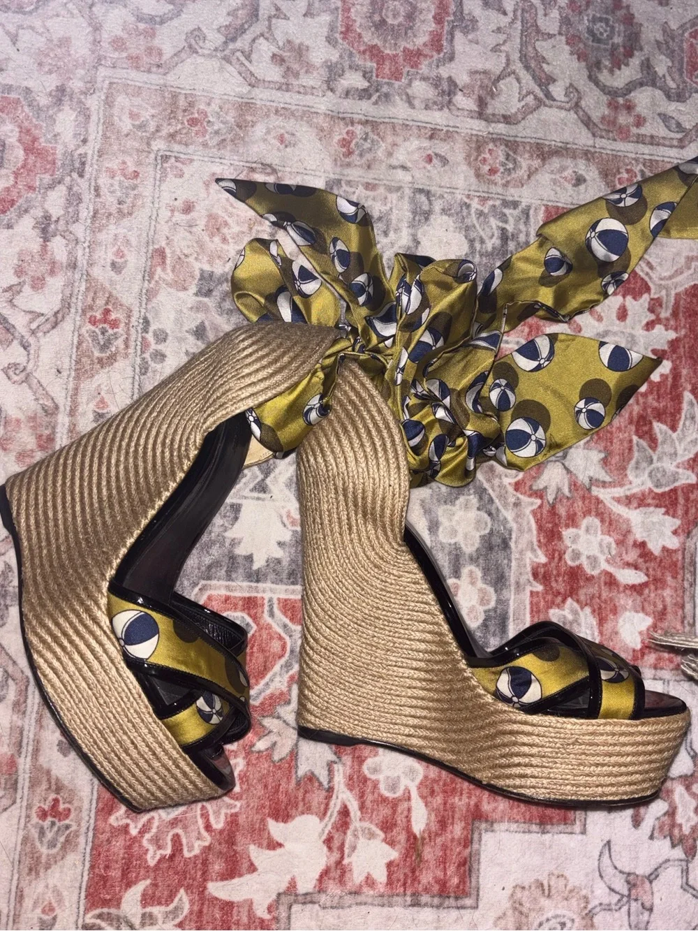 Gucci espadrille platform wedge sandals with silk scarf ankle ties